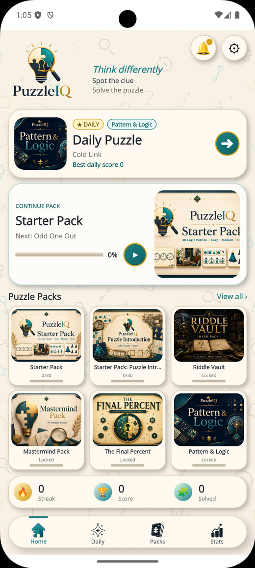 PuzzleIQ home screen