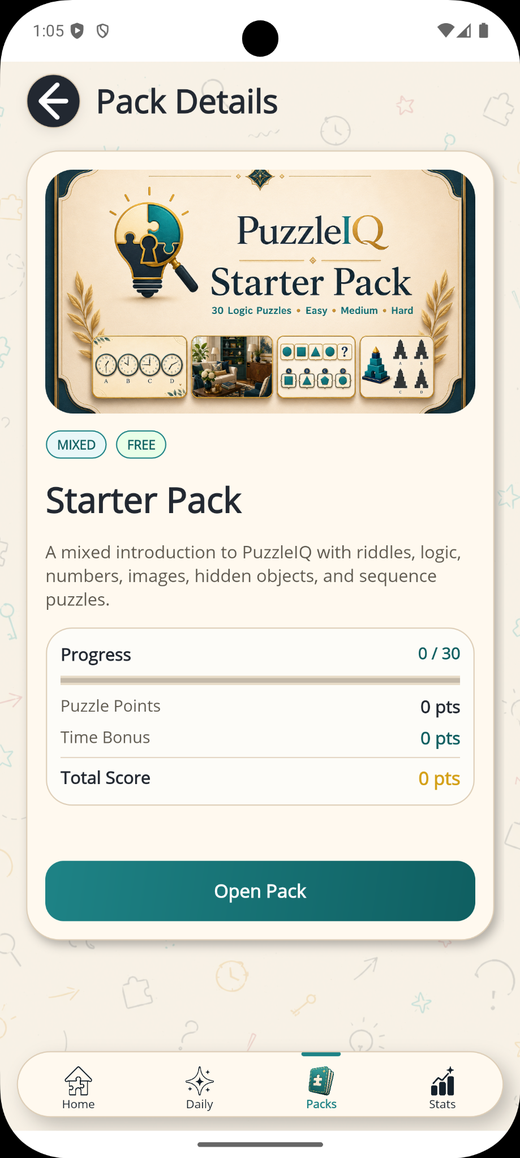 PuzzleIQ pack details screen